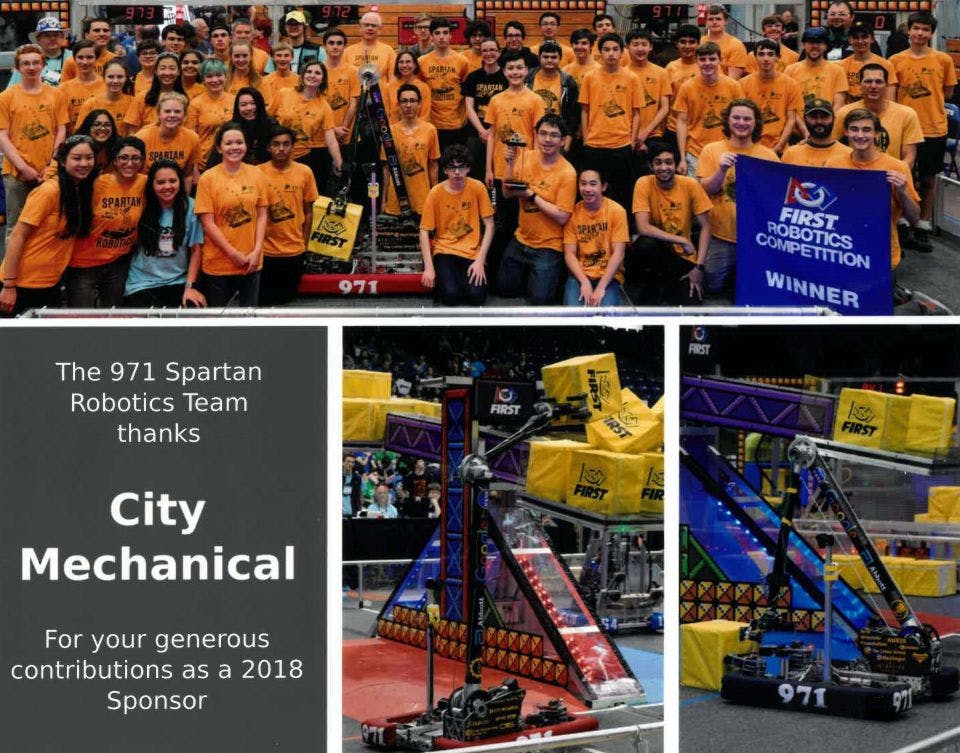 The 971 Spartan Robotics Team thanks City Mechanical for our contributions as a 2018 sponsor.